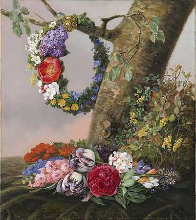 树下的一束花。树枝上挂着一个花环`En Buket Blomster Ved Foden Af Et Træ. På En Gren Hænger En Blomsterkrans (1832) by Christine Løvmand