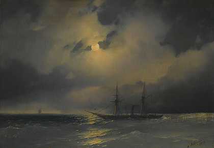 月光下航行`Shipping In Moonlight (1853) by Ivan Konstantinovich Aivazovsky
