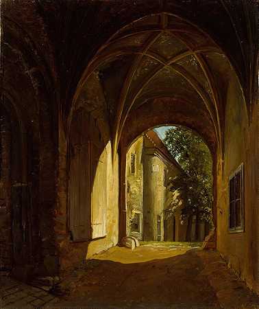 德累斯顿附近沙尔芬堡城堡的拱形大厅`A vaulted Hall in the Scharfenberg Castle near Dresden (1829) by Thomas Fearnley