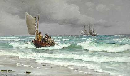 在斯卡根海岸外的一艘划艇和一艘三桅船上的男子`Men In A Rowboat And A Three-masted Vessel Off The Coast At Skagen