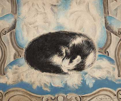 睡在扶手椅上的猫`Cat sleeping on an armchair (c. 1920s) by Sei Koyanagui