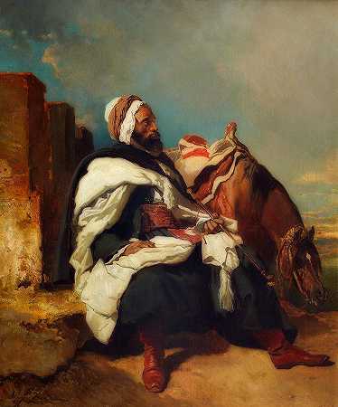骑着马的阿拉伯男子`Seated Arab Man With Horse