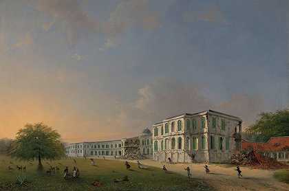 1834年10月10日地震期间Buitenzorg宫殿的正面图`Front View of Buitenzorg Palace during the Earthquake of 10 October 1834 (1834 ~ 1836) by Willem Troost the younger