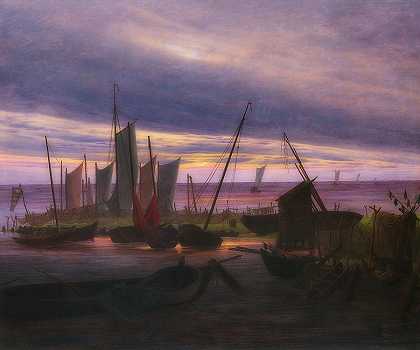 晚上港口的船只`Boats In Harbour At Evening