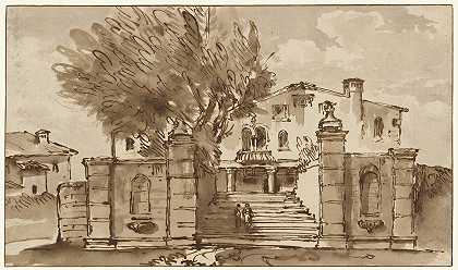 别墅景观`View of a Villa (1757–1759) by Giovanni Battista Tiepolo