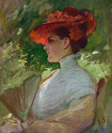 戴红帽子的女士（麦琪·威尔逊肖像）`Lady with a Red Hat (Portrait of Maggie Wilson) (c. 1904) by Frank Duveneck