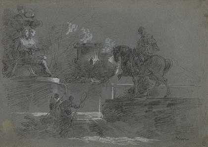 月光公园里的纪念碑雕塑`Monumental Sculpture in a Moonlit Park (c. 1842?) by Giuseppe Bernardino Bison