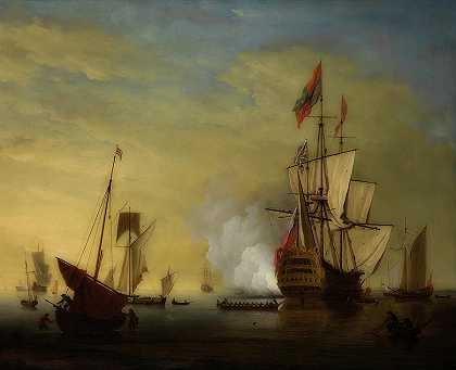 港口场景——一艘帆松的英国船只开火`Harbor Scene – An English Ship With Sails Loosened Firing A Gun