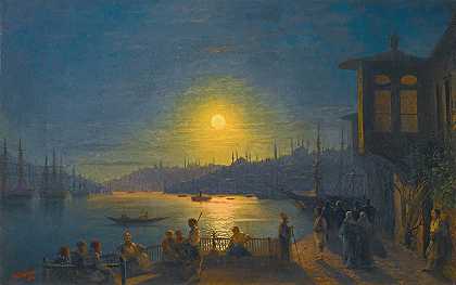 金角月出`Moonrise Over The Golden Horn (1886) by Ivan Konstantinovich Aivazovsky