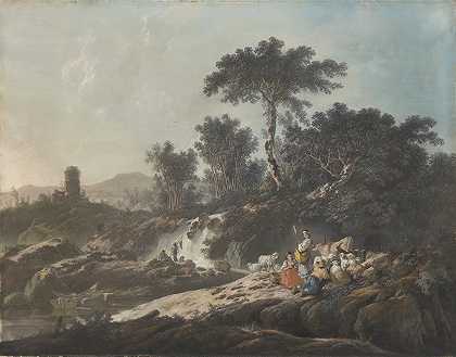牧羊人休息`Shepherds Resting by a Stream (1779) by a Stream by Jean-Baptiste Pillement