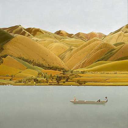阿布鲁齐号的边缘——湖上有三个人`The Edge Of The Abruzzi – Boat With Three People On A Lake