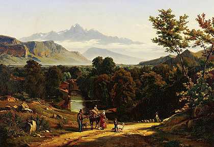 山谷中的旅行者`Travelers In A Valley by Johann Jakob Biedermann