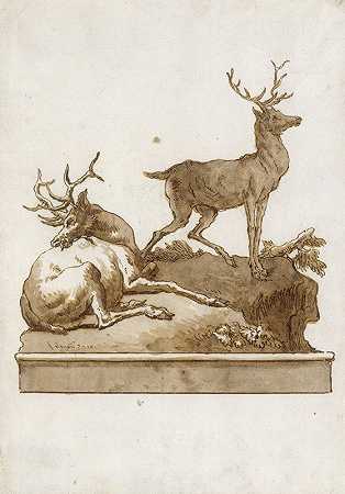 两只牡鹿，一只站着，一只躺着，在一个长满草的小丘上（带底座）`Two Stags, One Standing and One Lying, on a Grassy Knoll (with a Base) (after 1770) by Giovanni Domenico Tiepolo