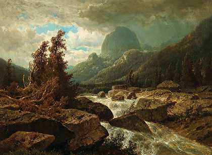 在哈尔斯科普夫山的背景下，可以看到亨特塞湖（拉姆萨尔湖）`A View of lake Hintersee (Ramsauer Ache), in the background mount Halskopf by Adolf Chwala