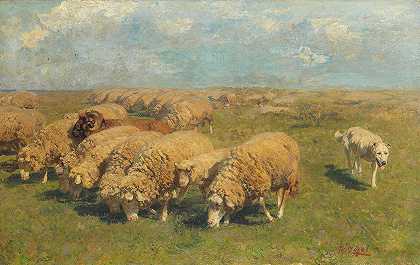 牧场上羊群和牧羊犬`Schafherde mit Hütehund auf der Weide (Ca. 1911) by Heinrich Von Zügel