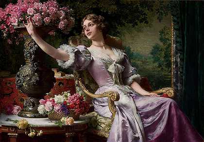 一位身穿丁香花连衣裙的女士`A Lady In A Lilac Dress With Flowers