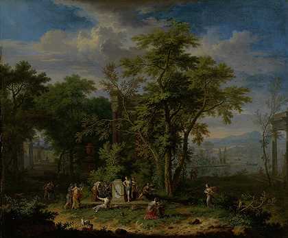 带有仪式祭祀的拱廊景观`Arcadian Landscape with a Ceremonial Sacrifice (c. 1700 ~ c. 1749) by Jan van Huysum