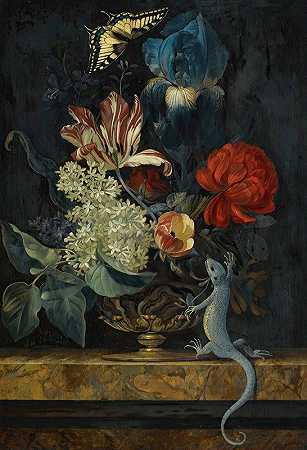 大理石壁架上的花瓶里有郁金香和其他花朵的静物画，还有蜥蜴和蝴蝶`A Still Life With Tulips And Other Flowers In A Vase On A Marble Ledge, With A Lizard And A Butterfly by Willem van Aelst