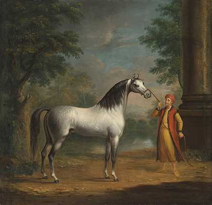 灰色阿拉伯种马&#李斯特·特克&#，举行`The grey Arab stallion ;The Lister Turk, held by a Turkish groom in a landscape by a Turkish groom in a landscape by Richard Roper