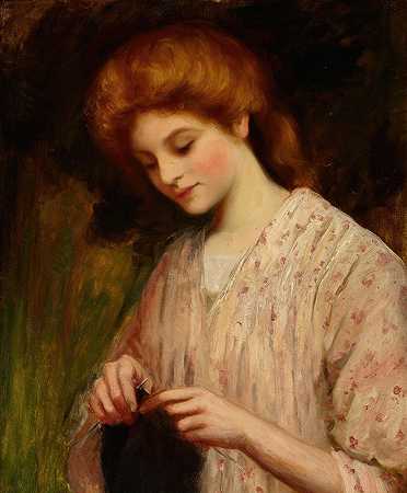 艾玛·艾伯恩正在织毛衣`Emma Eburne Knitting a Sweater by William Oliver