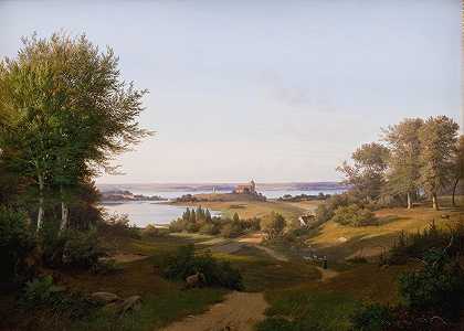 日德兰岛斯坎德堡城堡的山景和弗雷德里克六世纪念碑`View of the Hill at Skanderborg Castle, Jutland, and the Memorial to frederik VI (1845) by Andreas Juuel