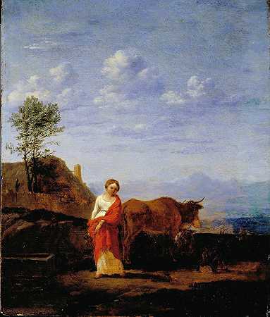 在路上牵着奶牛的女人`A Woman with Cows on a Road by Karel Dujardin