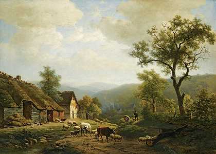 一片丘陵地带，牛群奔向田野`A Hilly Landscape With Cattle Going To The Fields by Eugène Joseph Verboeckhoven