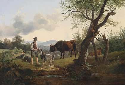 牧羊人和山羊`Hirte mit Ziegenbock by Friedrich Gauermann