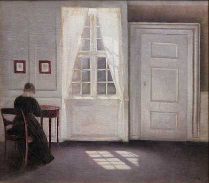 艺术家的房间她在哥本哈根斯特兰加德的家，与艺术家妻子`A Room In The Artists Home In Strandgade, Copenhagen, With The Artists Wife by Vilhelm Hammershøi