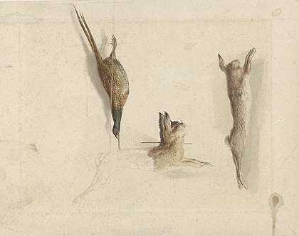 死野鸡和两只死野兔`Dode fazant en twee dode hazen (1822 ~ 1880) by Reinier Craeyvanger