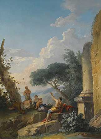 古典遗迹旁的人物景观`A Landscape With Figures Resting Beside Classical Ruins by Andrea Locatelli