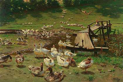 夏日池塘边的鹅`Summer Day, Geese By The Pond