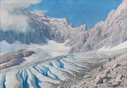 在Höllental冰川上（俯瞰祖格斯皮茨）`Auf dem Höllentalgletscher (mit Blick auf die Zugspitze) (Ca. 1900~1920) by Rudolf Reschreiter