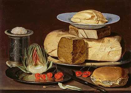 奶酪、洋蓟和樱桃的静物画`Still Life with Cheeses, Artichoke, and Cherries (circa 1625) by Clara Peeters