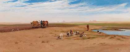 吉萨金字塔附近的山羊群和工人`Goat Herd And Laborer Near The Pyramids At Giza