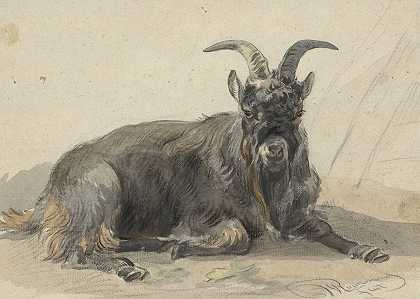 躺着的黑山羊`Liggende zwarte geitenbok (1799 ~ 1869) by Jan van Ravenswaay