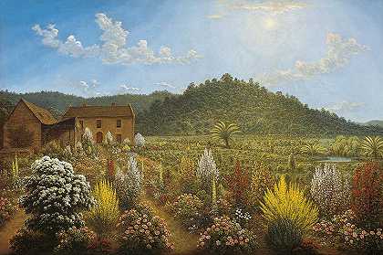 在范·迪门的土地上的米尔平原上，可以看到艺术家的房子和花园`A View Of The Artist\’s House And Garden In Mill Plains, Van Diemen\’s Land