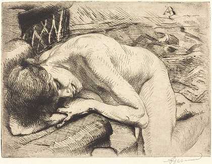 模特俯卧在地板上`Model Asleep on the Floor (Le modèle endormi à terre) (1885) by Albert Besnard