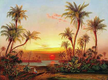 黄昏中棕榈树环绕的南方风景`A Southern Landscape With Palms In The Evening Light