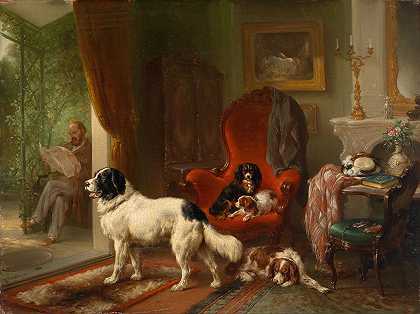 室内有狗`Interior with Dogs by Wouterus Verschuur