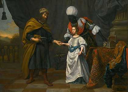 《旧约》中的一幕，可能是以利以谢向丽贝卡献珠宝`An Old Testament Scene, Possibly Eliezer Offering Jewels To Rebecca (1667) by Gerard van Kuijl