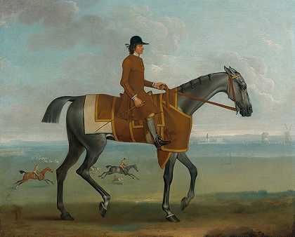 一匹灰色赛马，骑师在纽马基特荒原上训练`A Grey Racehorse With A Jockey Up Exercising On Newmarket Heath by James Seymour