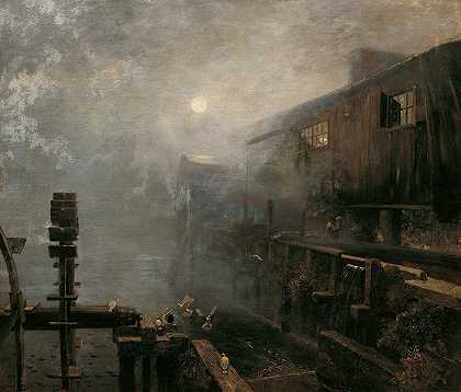 晨雾中的锯木厂`Sägemühle im Morgennebel (1886) by Emil Jakob Schindler