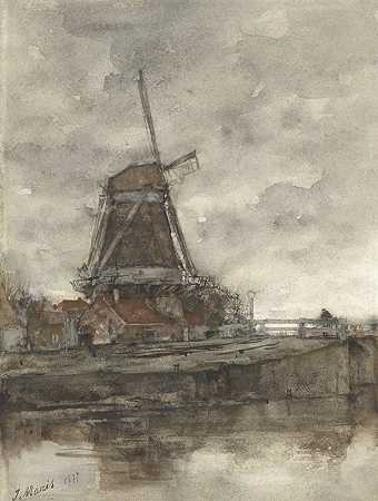 位于海牙西北部Buitensingel的工厂和桥梁`Molen en de brug bij de Noord~West~Buitensingel in Den Haag (1877) by Jacob Maris