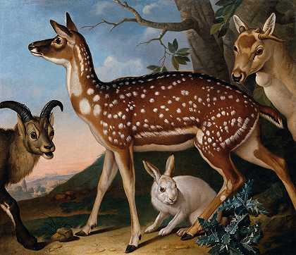 休闲鹿、野山羊和野兔`Damwild, Steinbock Und Hase (1723) by Philipp Ferdinand de Hamilton