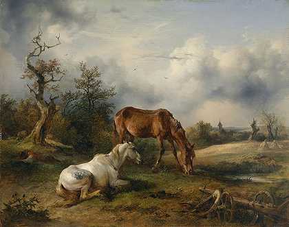 牧场上的霉菌和狐狸`Schimmel und Fuchs auf der Weide (c1825) by Friedrich Gauermann