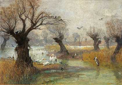 河岸上的鹈鹕`Pelikane am Flussufer by Hugo Charlemont