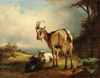 一只山羊和两个孩子`A Goat with two Kids by Friedrich Gauermann