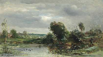 湖面上的小鸭`Ducklings On A Lake (1873) by Charles François Daubigny