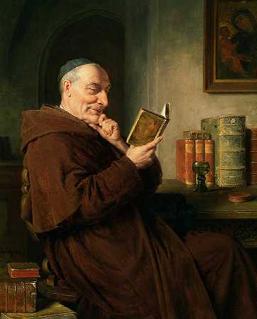 用酒杯读书`Reading Monk With Wine Glass